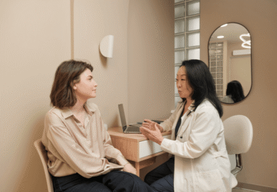 Médica em consultório, conversando com uma paciente de forma próxima